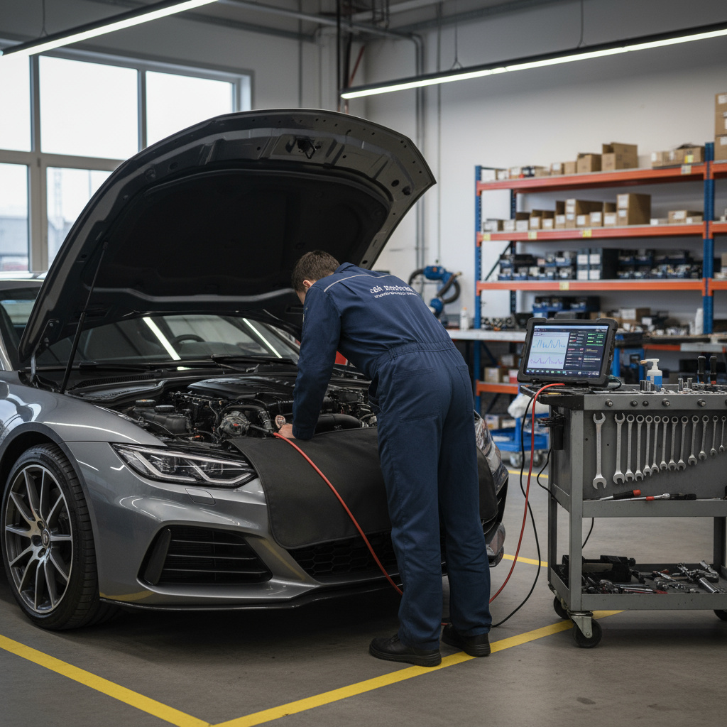 Mechaniker arbeitet mit Diagnosegerät am Motor