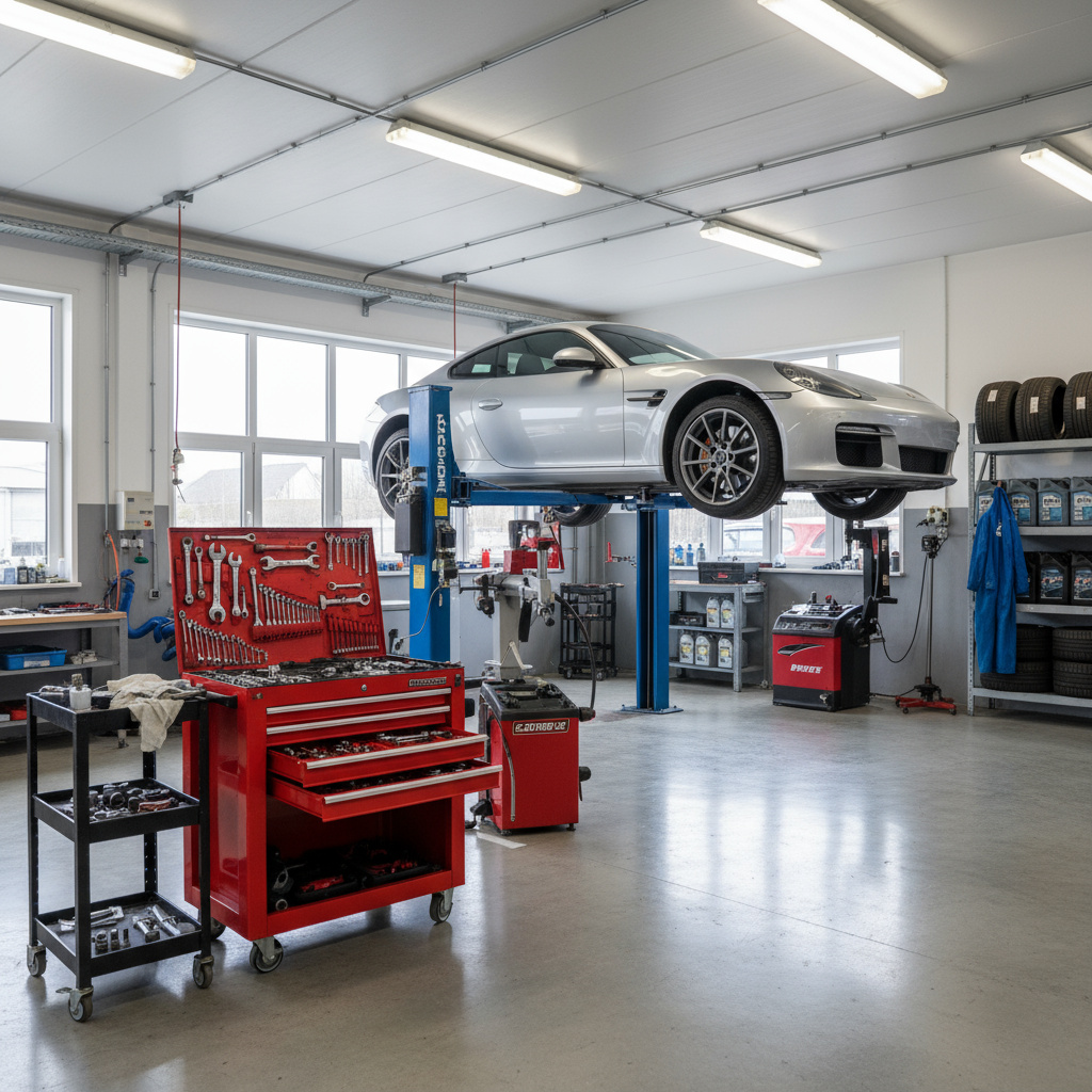 Fahrzeug auf der Hebebühne in gepflegter Werkstatt